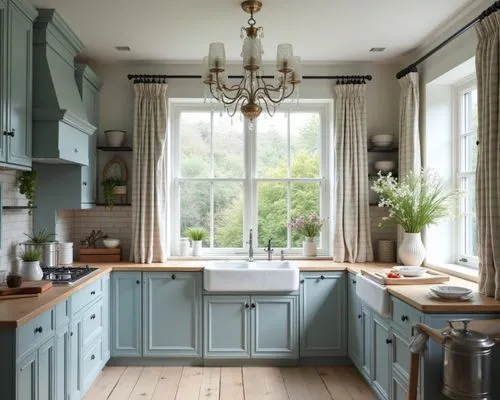 A serene indoor design emphasizing natural materials and a muted blue palette. The cabinetry in soft grey-blue tones is paired with rustic wooden flooring and a marble-textured island. A large window 