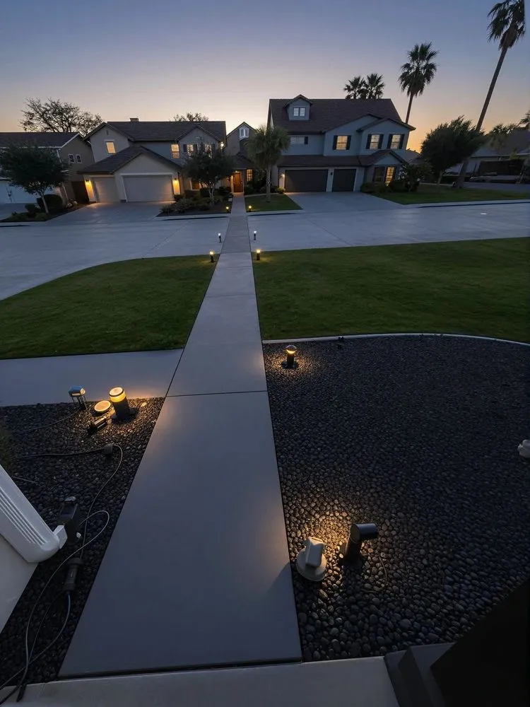 walkway lit up in night with palm trees