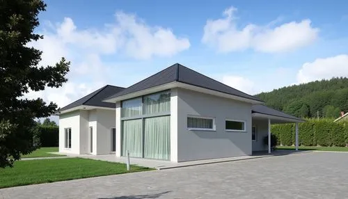 a white house sitting on the corner of a large stone street,modern house,residential house,prefabricated buildings,prefabricated,annexe,renders,inverted cottage,frame house,carports,folding roof,cubic