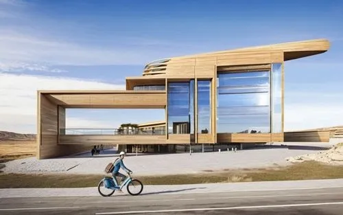a person on a bicycle rides past a modern building,dunes house,snohetta,renderings,cubic house,cube house,modern architecture,prefab,3d rendering,modern house,frame house,cantilevered,cube stilt house