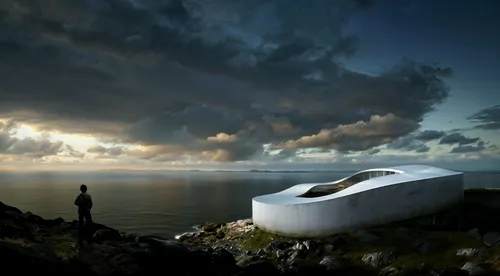modern building by the sea, at dusk,man standing at the edge of an ocean with a futuristic building and clouds,zumthor,pillboxes,infinity swimming pool,snohetta,dinghy,boat landscape,amanresorts,perah