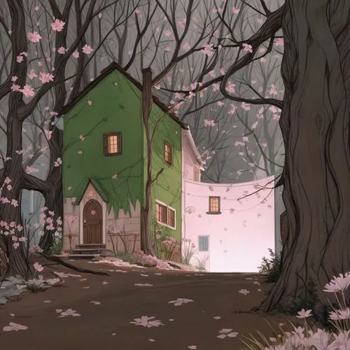 illustration of a green building in front of a lot of trees,witch's house,house in the forest,dandelion hall,fairy house,lonely house,little house,house silhouette,witch house,forest house,small house