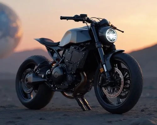 rugged,boxy Futuristicelectric SPORTS BIKE  parked in a dark, moody sunset lit, in the middle of a vast Lunar Landscape, with a blue Earth in the background, close-up on 22-inch matte black alloy whee
