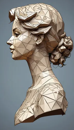 Stencil, woman, side profile, intricate details, beautiful curls, normal neck, antique paper,sculpt,low poly,woman sculpture,geometric ai file,low-poly,bust,polygonal,sculptor,head woman,gradient mesh