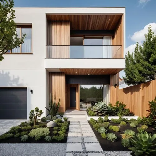 Design a collection of architectural facade ideas inspired by a minimalist modern house with clean lines and natural materials. Reference the provided image with features like a neutral color palette,