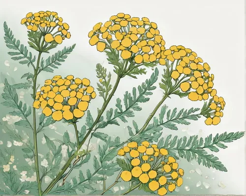 Compose a poem about the delicate beauty of tansy blossoms.,achillea millefolium,tagetes patula,helichrysum,yarrow,tanacetum,tagetes,common tansy,illustration of the flowers,tansy,tanacetum balsamita,
