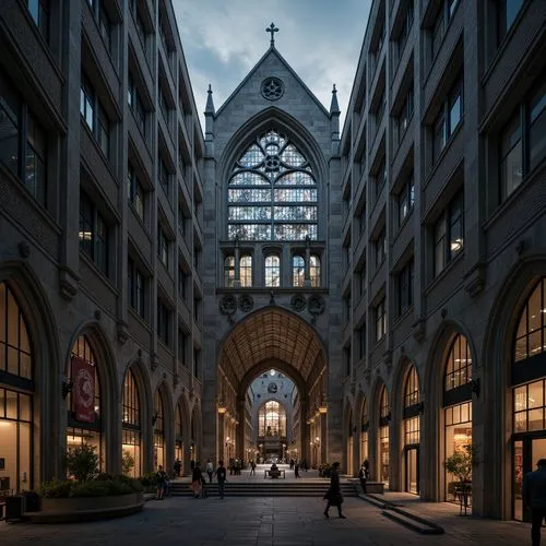 Majestic cathedral, pointed arches, ribbed vaults, flying buttresses, stained glass windows, grand entrance, ornate carvings, dramatic lighting, mysterious ambiance, intricate stone patterns, modern t
