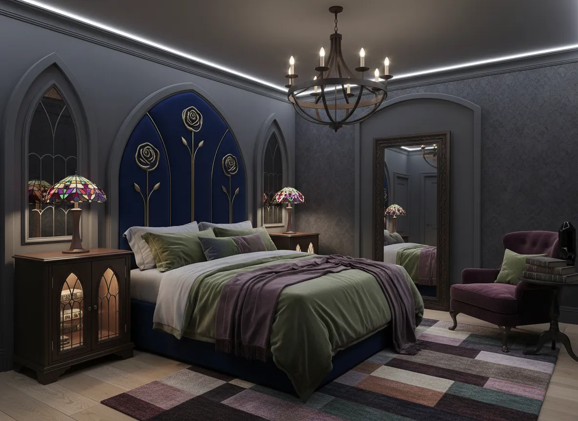 Una moderna camera da letto generata dall'AI con pareti scure, una testiera in morbido velluto e accenti decorativi in toni gioiello, che fonde lo stile neogotico e quello contemporaneo.