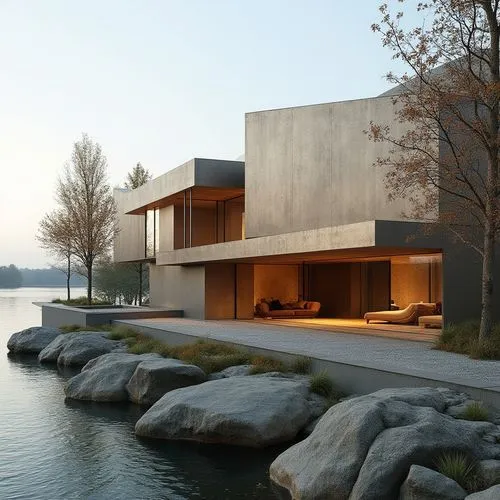  ,the house sits next to water and is beside a stone shoreline,house by the water,house with lake,dunes house,modern house,snohetta,modern architecture,minotti,corten steel,beautiful home,exposed conc