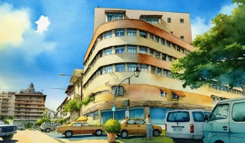 Acuarela  ,this is an image of a painting of a city scene,apartment building,block of flats,apartment block,apartments,an apartment,apartment blocks,apartment house,sky apartment,apartment complex,wat