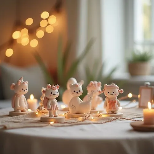 exclusive kids room elegant decoration on table ,delicate ,blured background,zoom focus
,white christmas decorations that include little teddy bears,marzipan figures,table decorations,wedding decorati