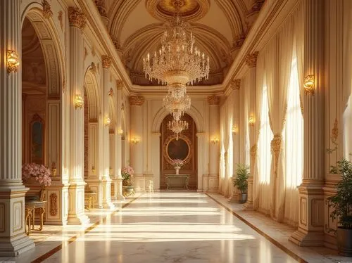 Byzantine style interior, cream color walls, golden accents, intricate mosaics, ornate pillars, arches, lavish furnishings, velvet drapes, crystal chandeliers, luxurious atmosphere, warm lighting, reg