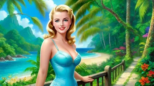 Romantic masterpiece oil painting, cute girl portrait, nostalgic 1950's style kitsch, vibrant rainforest landscape, lush tropical jungle paradise, summer beach cottage scenery, by Thomas Kinkade, by B