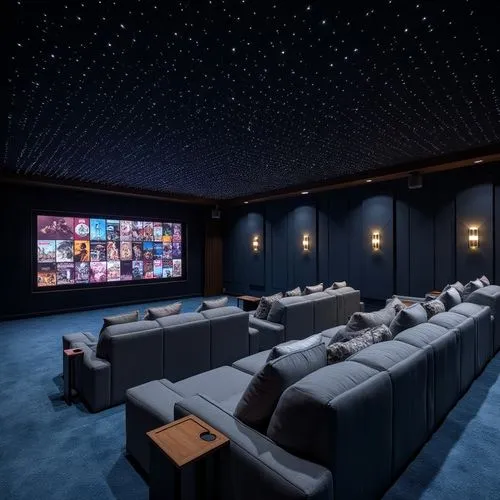 A luxurious home theater with a cozy and modern design, featuring a dark acoustic ceiling embedded with numerous small LED lights resembling a starry night sky, creating an immersive ambiance, the wal