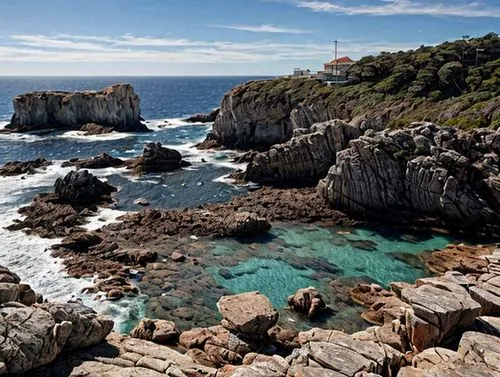 Uma vista panorâmica deslumbrante da costa rochosa, onde as águas azuis do mar encontram as formações de rochas impressionantes. As rochas escarpadas emergem majestosamente das águas cristalinas, cria