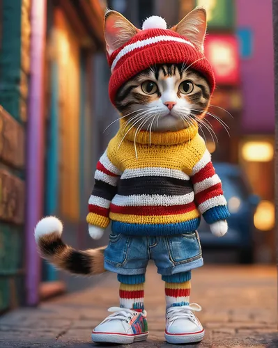 Calico cat, cat standing and posing on the street, wearing a striped shirt and sneakers, in pop art style, light red and yellow, knitted and crocheted style, wearing a colorful sweater, shorts, and ha