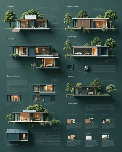 Ultra Professional architectural presentation board dark mode of a modern Minimalist and Modern House style committed to sustainability and architectural design technology, creating high-quality archi