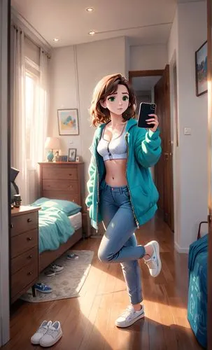 a photography full body of a young girl 24 years old, brown hair, green eyes, confident expression, and a cellphone in a hand wearing a blue bra, white underwear and open zipper of jeans whit out shoe