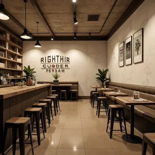 Monochromatic pub interior, muted earthy tones, soft cream walls, warm beige floors, dark wood accents, minimalist decor, simple typography, industrial metal stools, reclaimed wooden tables, pendant l