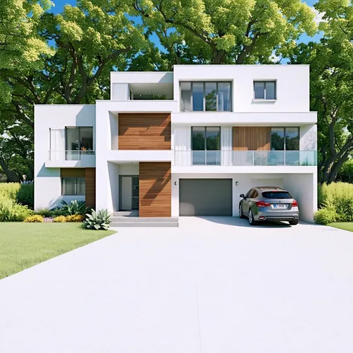 A high-quality rendering of a modern form of big, large, spacious two-story, L-shaped residential building. The house has a garage for two cars. The building is passive. ,a model house with two cars p