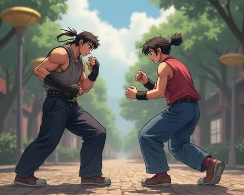 Street Fighter characters, Mortal Kombat, Tekken, Fighting game, Martial arts poses, two characters fighting, heath bars, One v one fight, Ken, Ryu, Guile, Sagat, Vega, Chun Li, Sonya Blade, Lui Kang,
