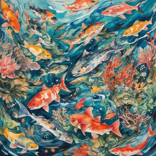 Create tattoo designs with an aquatic theme.,koi pond,koi fish,koi,koi carp,koi carps,kimono fabric,fishes,coral reef,tropical fish,fish in water,japanese wave paper,coral swirl,amano,白斩鸡,colorful wat