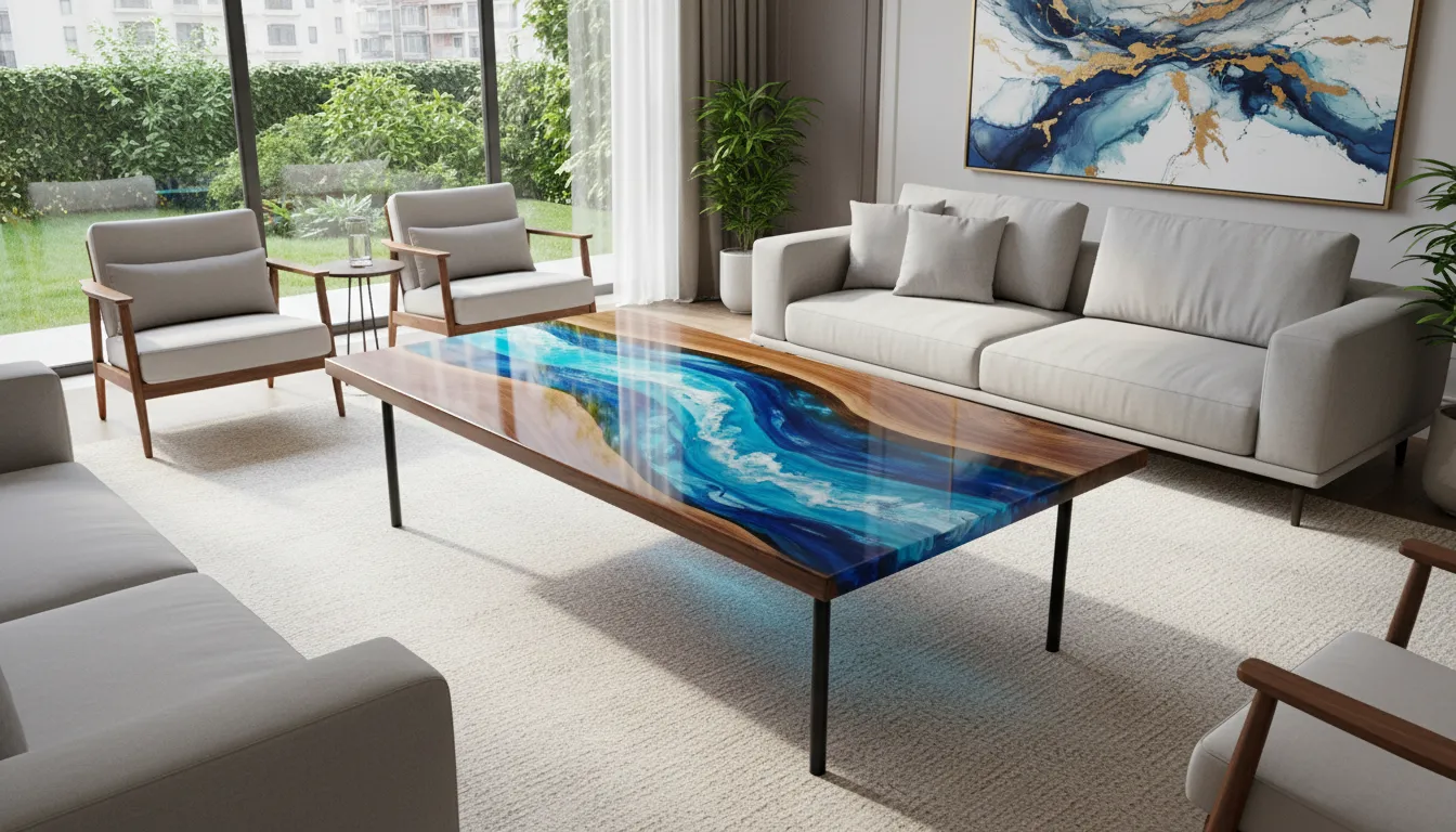 Immagine fotorealistica generata dall'IA di uno straordinario tavolo fiume in resina epossidica con vortici blu e bianchi, collocato in un soggiorno moderno.