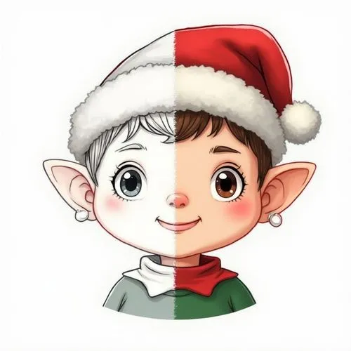llustration of a cartoon elf head wearing a Santa hat. Create a split image showing a black and white outline version on the left and a full-color version on the right. Cute, cheerful style for childr