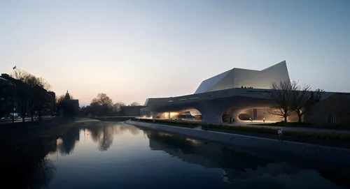 modern public architecture at dusk,the water runs by the walkway near the large building,libeskind,suzhou,changzhou,futuristic art museum,disney hall,futuroscope,goetheanum,asian architecture,tempodro