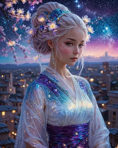 A vibrant and whimsical digital illustration of a serene, ethereal scene featuring a woman in a flowing, multicolored mermaid tail, floating amidst a starry night sky filled with stars and clouds. the