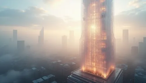 Translucent fa\u00e7ade, ethereal glow, soft diffused light, intricate lattice patterns, 3D printed structures, futuristic architecture, urban skyscraper, bustling cityscape, morning mist, warm ambien
