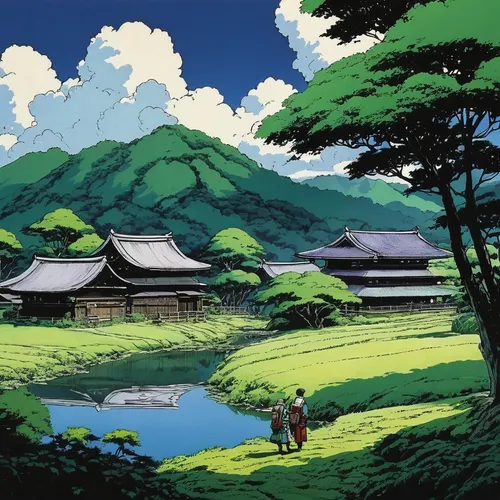 Generate an anime scene with a peaceful countryside setting.,ginkaku-ji,studio ghibli,japan landscape,tsukemono,kyoto,kinkaku-ji,ryokan,japanese mountains,koyasan,yamada's rice fields,rokuon-ji,japan,