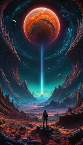 by dan mumford, alien world, deeply vibrant world, centered, symmetry, painted, intricate, sci fi, volumetric lighting, beautiful, rich deep colors masterpiece, sharp focus, ultra detailed, astrophoto