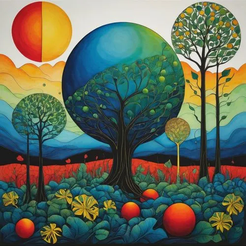 A surreal and mysterious composition drawn entirely with ink marker technique using perfect horizontal lines. Four solid gradient spheres (blue, red, green, and yellow) are grounded, each surrounded b