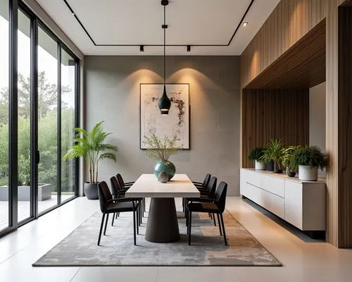 white and black style material , villa dining room, modern interior design, wide angle, brick material,a dinning room has gray walls, a rug and wooden accents,contemporary decor,modern decor,interior 