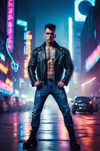 Mochawk, muscular man, strong jawline, short spiky hair, piercing blue eyes, no glasses, tribal tattoo on chest, ripped muscles, black leather jacket, denim jeans, combat boots, standing, powerful pos
