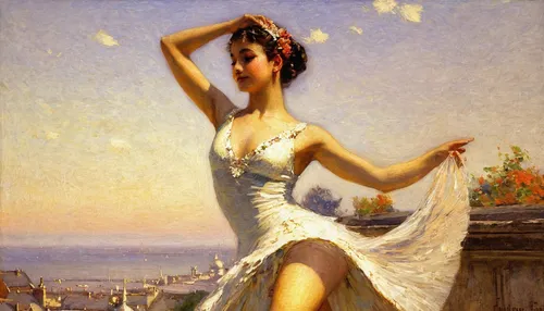 Pal Fried Portrait of a Dancer Oil on Canvas,girl in a long dress,la violetta,a girl in a dress,girl on the river,young woman,evening dress,dancer,vittoriano,girl in a long dress from the back,promena