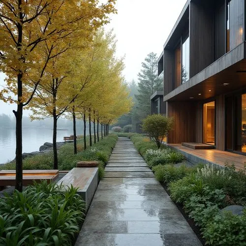 Rolling hills, serene lakeside, lush greenery, vibrant wildflowers, meandering walkways, rustic wooden benches, natural stone retaining walls, harmonious landscape integration, modern architecture ble