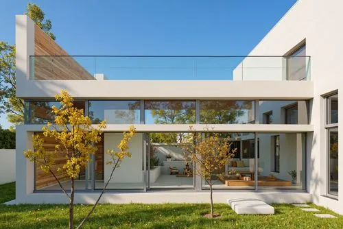 A modern, minimalist house with a concrete exterior and wooden cladding. the house is situated on a grassy area, with a clear blue sky visible in the background. on the right side of the image, a smal