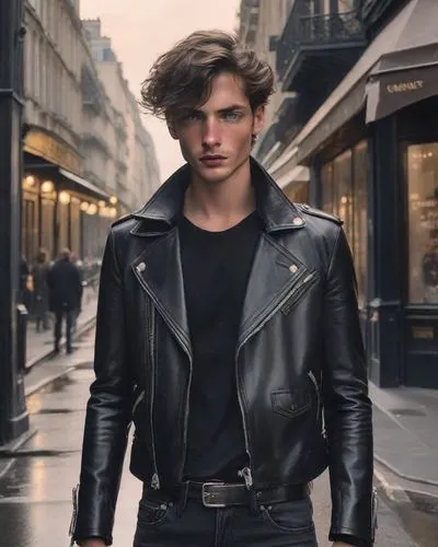 male model headshots，Men's Fashion，Edgy Sophistication
,leather jacket,leather,black leather,black coat,male model,boulevard,young model istanbul,a pedestrian,leather texture,paris shops,jack rose,bik
