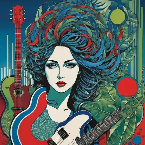 A surreal composition drawn with ink marker technique using perfect horizontal lines. A guitar woman holds a stylized electric guitar, both abstracted into solid gradient spheres (blue, red, and green
