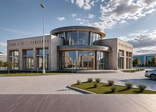  museum building color with futuristic architectural modern ,a modern round building with a paved courtyard,supreme administrative court,chancellery,federal palace,car showroom,presidential palace,new