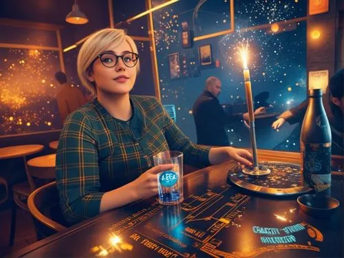Настольный фейерверк в кафе,woman in a futuristic bar getting ready to serve someone with a soda,two glasses,glasses of beer,barmaid,hipster,glasses,bartender