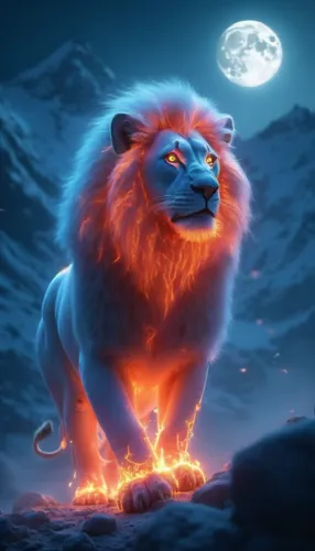 a lion stands on the ground in front of a full moon,lionnet,forest king lion,lionni,garrison,lion,aslan