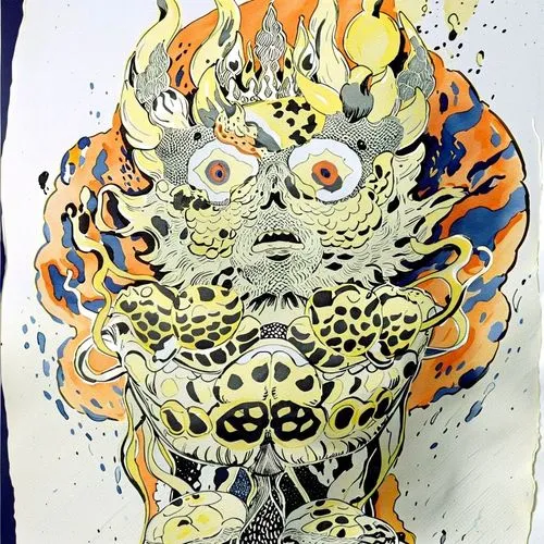 a picture of an angry looking creature with eyes,endeavor,monkey god,fire eyes,fire devil,fire planet,shaman,sun god,cheetah,sun king,leopard head,firestorm,flame spirit,skull mask,sea god,firebrand,t