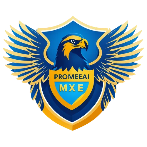 Security logo, simple, creative, Logo for Promeai on the theme of eagle, mix of blue and gold color, rich texture, rich details, no background,pioneer badge,crest,phoenix rooster,logo,medical logo,emb