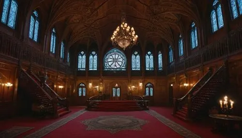 Gothic holl architecture, grand hall, high ceilings, large windows, stained glass, intricate stone carvings, ornate wooden doors, luxurious chandeliers, red carpet, grand staircase, mysterious atmosph