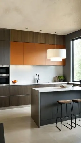 An indoor view of a modern kitchen with light colored walls and ceiling. The kitchen is brightly lit by direct sunlight, with white counter tops, white plates, silver cups, and a small table for bowli