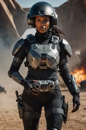movie poster of a menacing black ops woman assassin holding a small robotic drone, she is standing in a futuristic battlefield with other drones, she is wearing a advanced rugged outerwear, she is wea