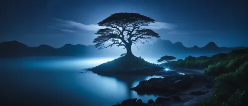 a lone tree on an island in the night,isolated tree,lone tree,magic tree,lonetree,the japanese tree,moonlit night,celtic tree,blue moon,blue hour,tree of life,arbre,light of night,dragon tree,long exp